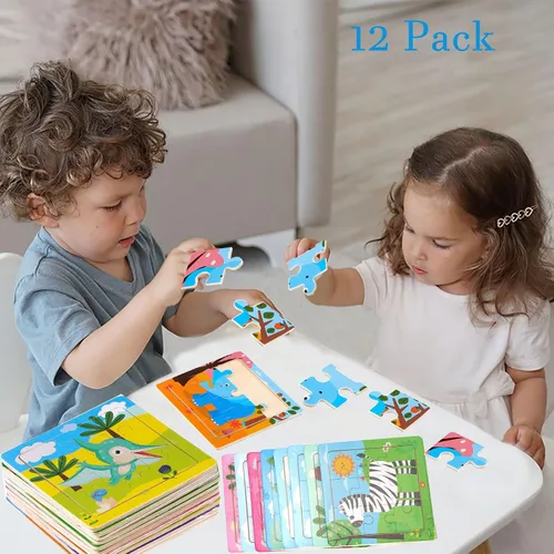 Miniatura 4 de Paquete de 12 mini rompecabezas de animales de madera para niños de 3 años en adelante, 9 piezas, juguetes educativos de viaje Bonitos recuerdos