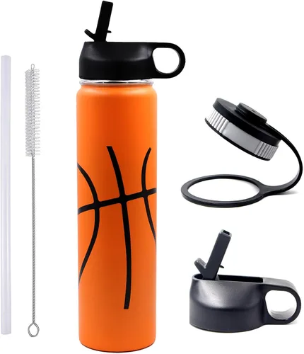 Miniatura 27 de Botella de agua de baloncesto de 12 onzas, botella de agua deportiva aislada al vacío de acero inoxidable con popote y 2 tapas, botella de agua