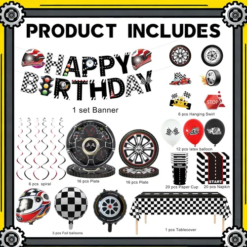 Miniatura 3 de Juego de vajilla para decoración de fiesta de cumpleaños de coche de carreras, incluye pancartas de cumpleaños de autos de carreras, globos