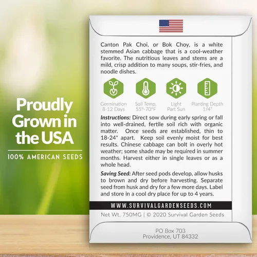 Miniatura 2 de Survival Garden Seeds - Semillas Pak Choi o Bok Choy de tallo blanco de cantón para plantar - 2 paquetes con instrucciones para cultivar Brassica
