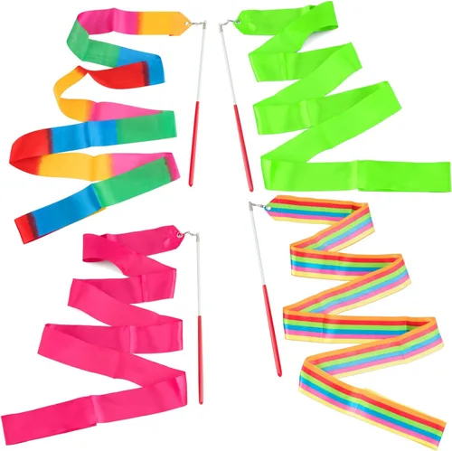 Paquete de 4 cintas de baile de 6.6 ft, cintas de gimnasia rítmica con serpentinas de arco iris, varitas giratorias en palos para baile artístico