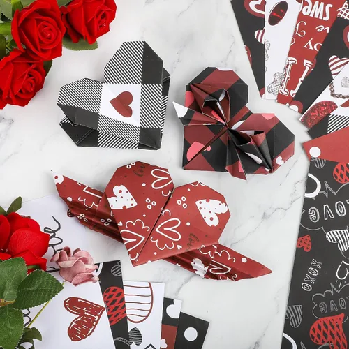 Miniatura 4 de Papel con Patrón de San Valentín de Doble Cara Papel Decorativo para Álbum de Recortes de San Valentín, Cartulina Roja y Negra con Corazones de Amor