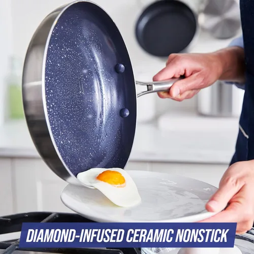 Miniatura 2 de Blue Diamond HD Stainless Steel Clad Pro - Juego de ollas y sartenes de 10 piezas, cerámica antiadherente con infusión de diamante, sin PFAS, apto