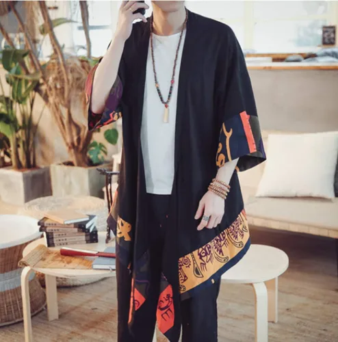 Miniatura 5 de HZCX FASHION Chaqueta tipo kimono larga de lino y algodón para hombre