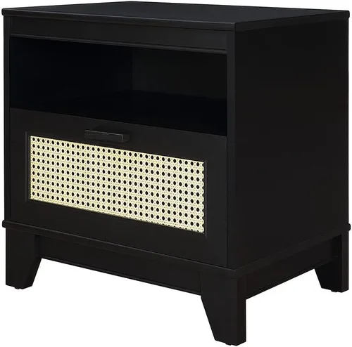 Miniatura 7 de Manhattan Comfort Sheridan Mesita de noche de caña con cajón de extensión completa y estante abierto, mesa auxiliar moderna de mediados de siglo