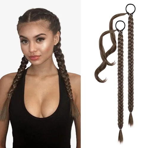 Miniatura 11 de YOGFIT 2 piezas Extensión de cola de caballo trenzada DIY, extensión de cola de caballo larga y lacia con envoltura natural, cabello sintético suave