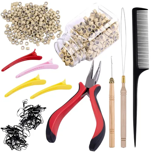 Miniatura 11 de Duufin Kit de extensiones de cabello, 500 piezas de cuentas de micro anillo marrón, 1 alicates de microcuentas, 2 ganchos, aguja de tracción, 4