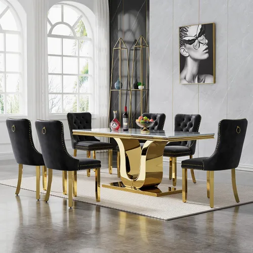 Miniatura 23 de SSLine Mesa de comedor moderna para mesa de cocina de mármol sintético de 6,70 pulgadas, mesa de comedor rectangular para muebles de cocina
