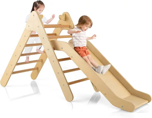 Miniatura 11 de HONEY JOY Arco de escalera de madera para escalar, escalera de escalada para niños 3 en 1 y tabla de columpio con almohadilla acolchada, juego
