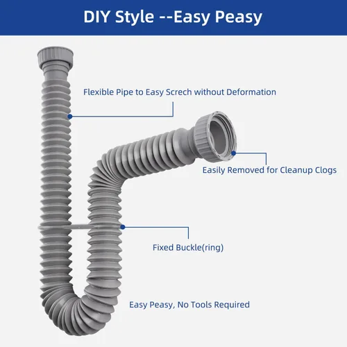 Miniatura 4 de iFealClear Paquete de 2 tubos de drenaje P-Trap, tubo de drenaje flexible para fregadero con 4 anillos de sellado de goma, tubo de trampa P Gris