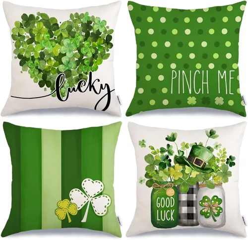 GEEORY Juego de 4 fundas de almohada del Día de San Patricio de 18 x 18 pulgadas, juego de 4 fundas de almohada con diseño de trébol verde con Verde