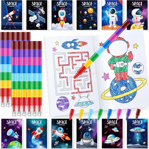 BenLouis 24 mini libros para colorear del espacio exterior para niños con 24 crayones apilables, regalos de fiesta de astronautas, libros de
