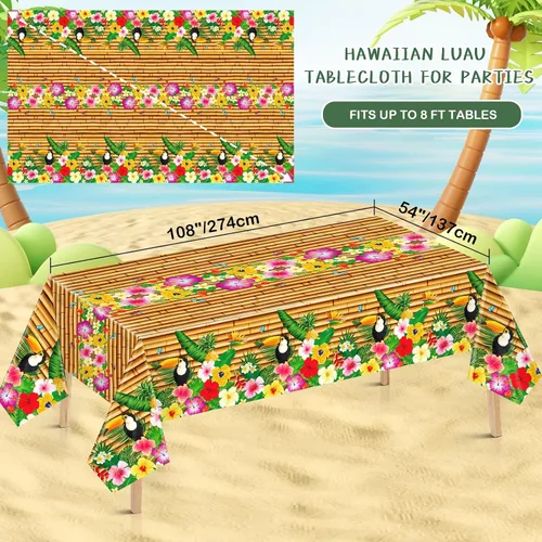 Miniatura 3 de Paquete de 2 manteles hawaianos Luau para decoración de fiesta, 54 x 108 pulgadas, mantel Tiki Tropical de plástico, mantel desechable Hawaii Aloha