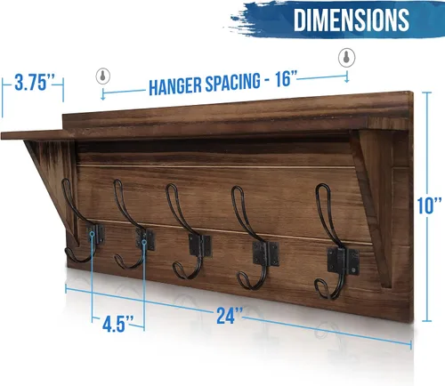 Miniatura 2 de HBCY Creations Perchero de pared de madera maciza color marrón rústico con estante, 5 ganchos, 24 pulgadas de largo, cocina, vestíbulo, entrada