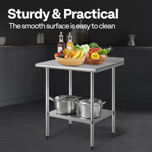 Miniatura 7 de VIVOHOME Mesa de trabajo de acero inoxidable de 24 x 18 pulgadas con protector contra salpicaduras, mesa comercial de preparación con ruedas