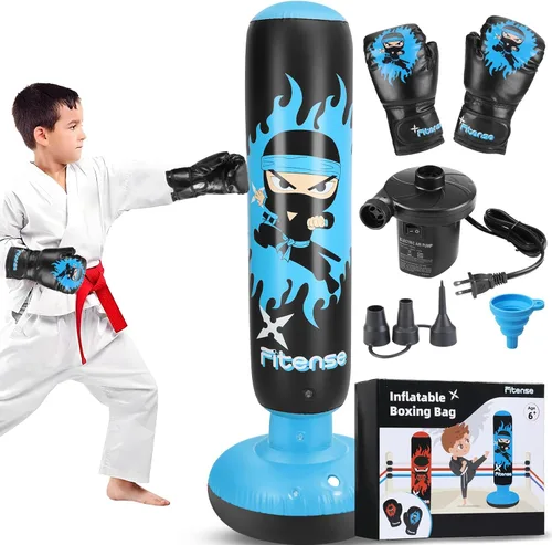Fitense Kids Punching Bag, 63 Inch Inflatable Punching Bag with Electric Air Pump & Gloves, Kids Boxing Bag for Boys Girls Age 6-12, Dinosaur Ninja