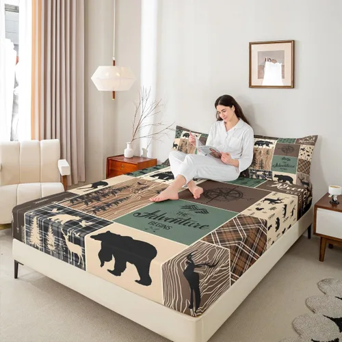 Miniatura 2 de Sábana bajera de retazos rústicos, sábanas de ciervos de oso para niños, adolescentes, adultos, mujeres, juego de ropa de cama rústica de granja