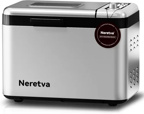Neretva Máquina para hacer pan, Máquina de pan más grande de 3.3 libras 15-en-1 de acero inoxidable y sartén de cerámica antiadherente y dispensador