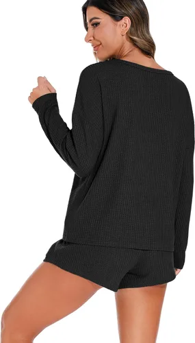 Miniatura 6 de PrinStory Conjunto de pijama para mujer, conjunto de 2 piezas de punto gofre, conjunto de ropa de descanso con bolsillos