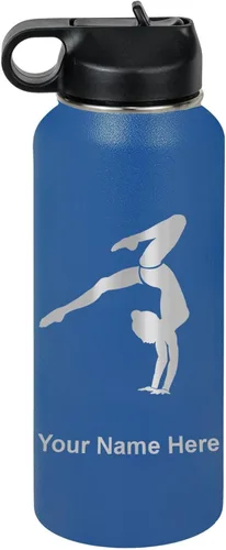 Miniatura 50 de LaserGram Botella de agua personalizada, soporte de mano de gimnasta, acero inoxidable de doble pared aislada al vacío con popote superior, regalo