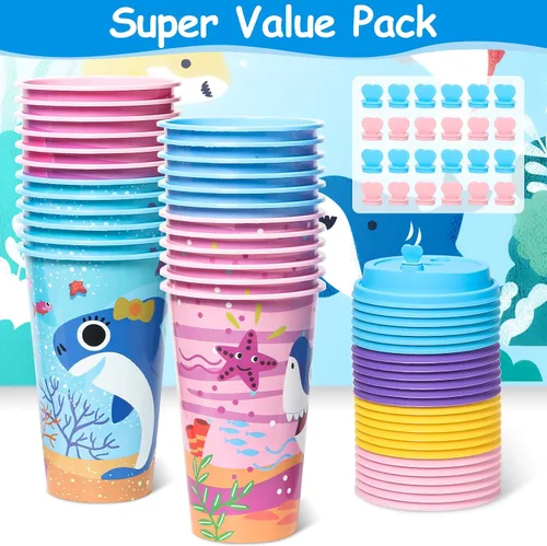 Miniatura 3 de Lidmada Vasos de regalo con tapas para fiestas de tiburón, paquete de 24 tazas de fiesta de cumpleaños en 4 colores, 16 onzas de plástico