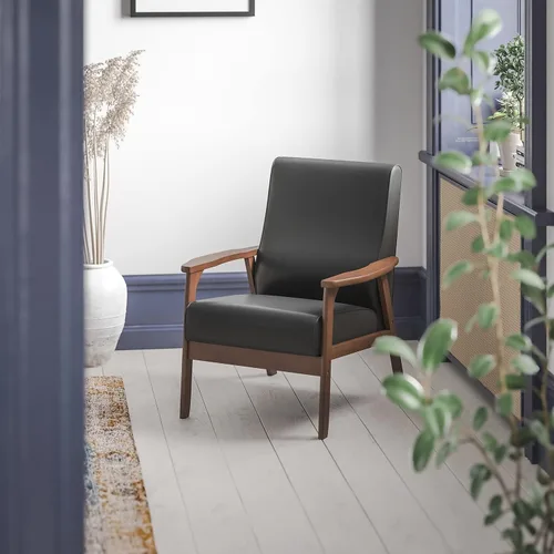 Miniatura 2 de Flash Furniture Langston Silla comercial moderna de mediados de siglo, tapicería LeatherSoft negra, marco y brazos de madera con acabado de nogal