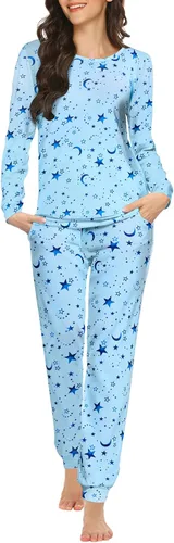 Miniatura 239 de Ekouaer Conjunto de pijama de manga larga para mujer, ropa de dormir suave con cuello redondo y bolsillos