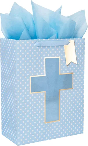 Miniatura 15 de Loveinside Bolsa de regalo azul, bolsa de regalo con diseño de cruz religiosa y puntos con papel de seda, etiqueta para bautismos de bebé, baby