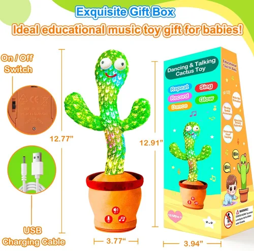 Miniatura 6 de Juguetes recargables para bebés, juguete de cactus que habla y baila para bebé, volumen ajustable, canto, imitación, repetición, juguetes infantiles