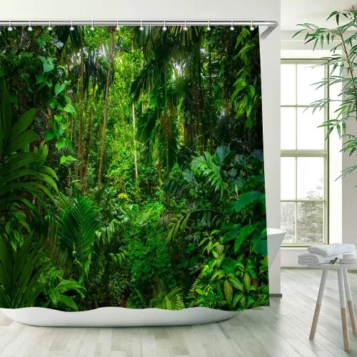 Miniatura 2 de Cortina de ducha de bosque tropical, bosque verde, hojas de palma, paisaje, luz solar, decoración de baño al aire libre, cortinas de tela con gancho