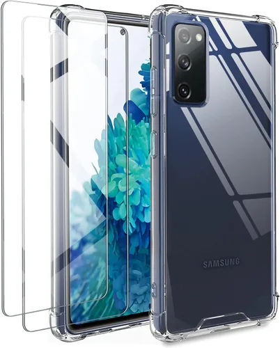 KIOMY Funda transparente para Samsung Galaxy S20 FE 5G con 2 paquetes de protector de pantalla de vidrio templado, parte trasera híbrida de