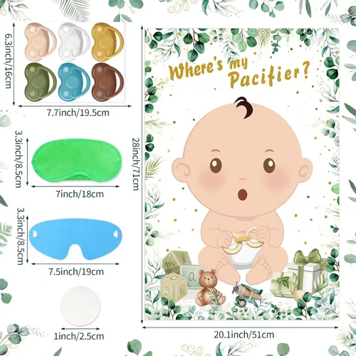 Miniatura 2 de Hxezoc Juegos de baby shower Pin The Chupete en el juego del bebé con 36 calcomanías para chupete, juegos de póster de bebé verde grande para fiesta