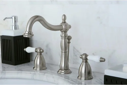 Miniatura 2 de Kingston Brass KB1978PL Heritage - Grifo de lavabo generalizado con mango de palanca de porcelana, níquel cepillado cepillado níquel