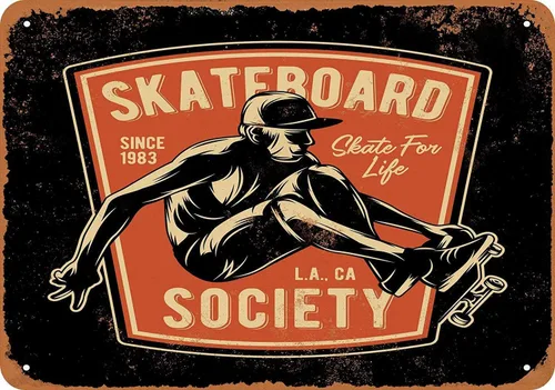 Skateboard Society - Cartel de pared de estaño de Los Ángeles, pintura retro de hierro, decoración de placa de metal vintage, póster de advertencia