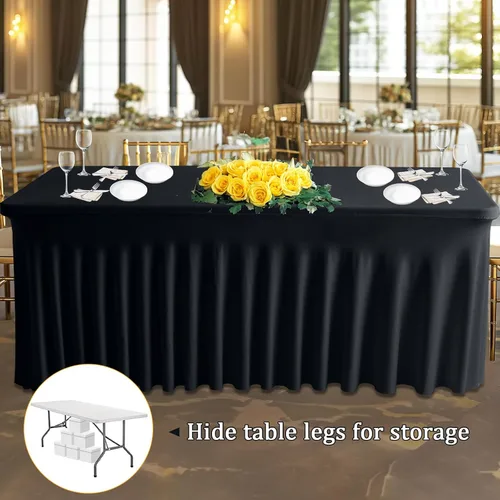 Miniatura 2 de JCJ Faldón de mesa para mesas rectangulares, manteles negros ajustados de spandex para mesas de 4 pies, faldones de mesa elásticos con volantes
