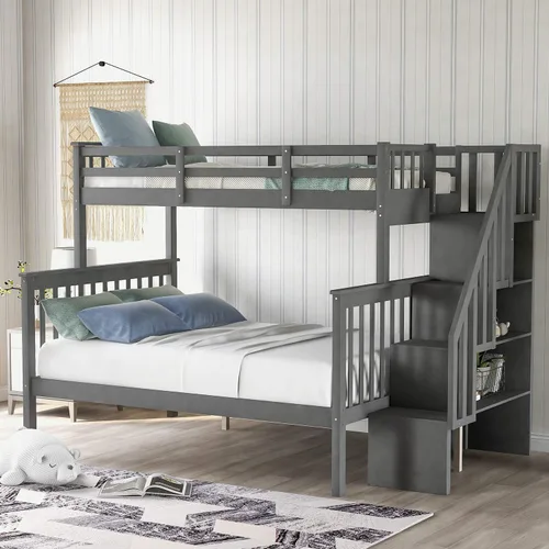 Literas con escalera de tamaño individual sobre tamaño matrimonial con escalera de 4 pasos y estantes de almacenamiento debajo de los escalones, Gris