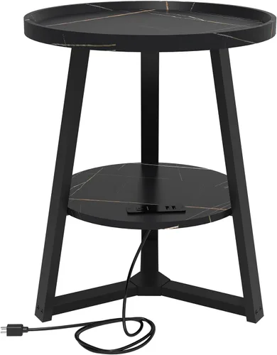 Miniatura 6 de KJGKK Mesa auxiliar redonda con estación de carga, 19.7 pulgadas de diámetro x 23.63 pulgadas de alto, mesa auxiliar con estante de almacenamiento