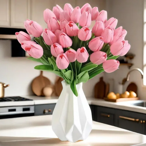 Miniatura 19 de Tulipanes falsos de PU de tacto real, flores artificiales, 10 piezas, arreglo floral, ramo para decoración de hogar, oficina, boda (blanco)