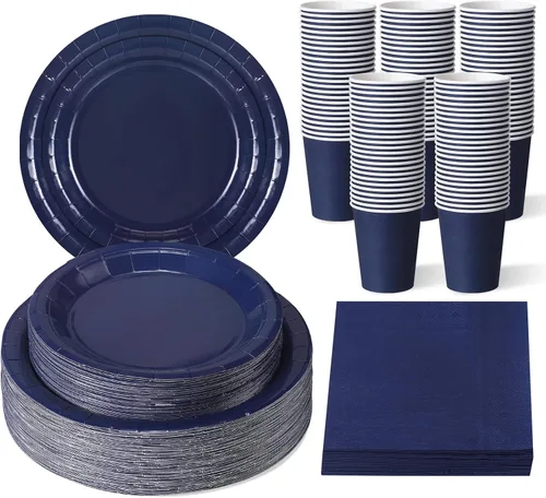 Miniatura 14 de Tioncy 200 platos de papel desechables azules y servilletas, suministros para fiesta de graduación para 50 invitados, juego de vajilla de papel