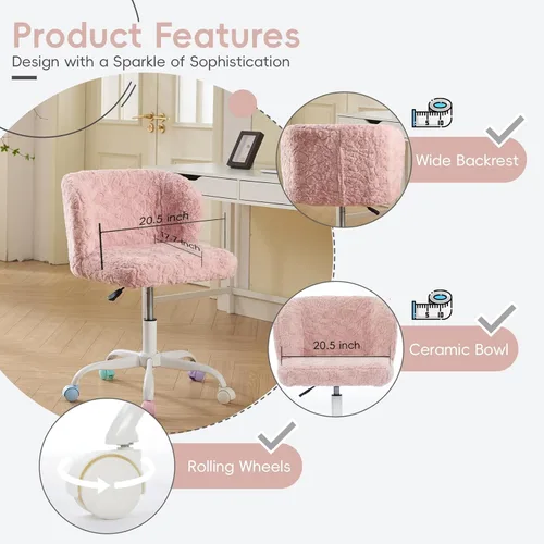 Miniatura 4 de Silla de escritorio de piel sintética con base de metal blanco, silla de oficina giratoria ajustable con ruedas, cómoda silla de maquillaje