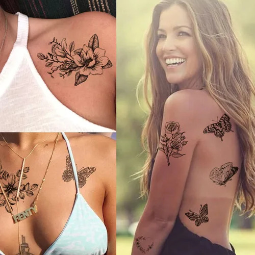 Miniatura 5 de Tazimi 6 hojas de tatuajes temporales de mariposa de flores negras para mujeres y niñas, de larga duración, realistas, impermeables, tatuajes falsos