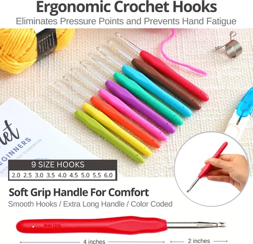 Miniatura 3 de Piccassio Kit de ganchillo para principiantes, juego completo de iniciación para adultos y adolescentes con 20 colores de hilo, ganchos, libro