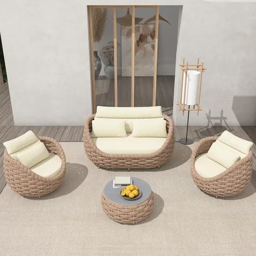 Miniatura 52 de TWT 3-Piece Woven Rope Patio Furniture Set, 2 Outdoor Armchairs with Soft Cushions + Round Aluminum Coffee Table, All-Weather Conversation Set for