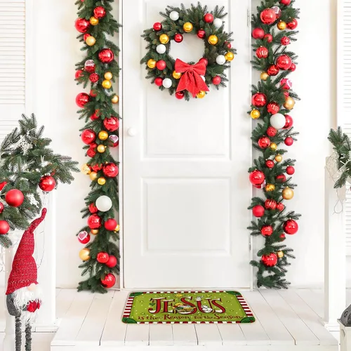 Miniatura 4 de Whaline Tapete de Navidad rojo y verde, tapete antideslizante para puerta delantera, tapete decorativo de Navidad para interiores, exteriores