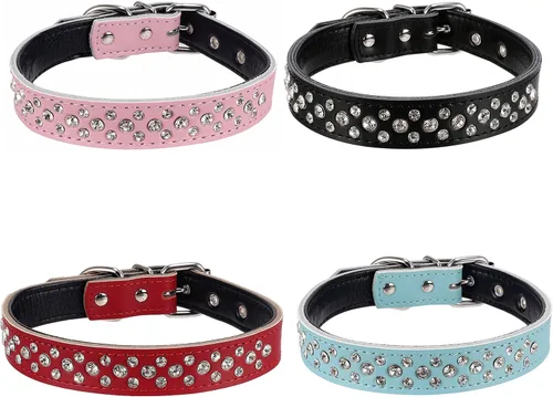 Miniatura 4 de Collares de piel auténtica con diamantes de imitación para perros pequeños y medianos de 1 pulgada de ancho Rosado