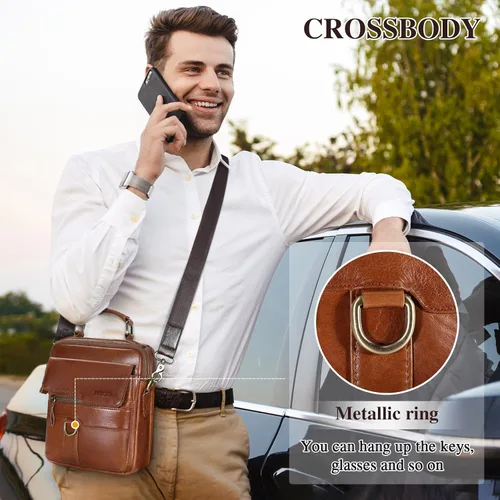 Miniatura 7 de BAIGIO Bolso bandolera de cuero genuino para hombre, bolso de mensajero pequeño para hombre, bolso de cuero para regalo de padre