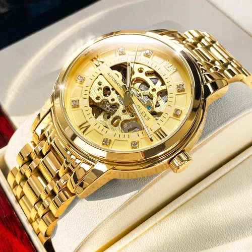 Miniatura 2 de OLEVS Reloj mecánico automático de esqueleto dorado para hombre con cuerda automática vestido de lujo brillante acero inoxidable resistente al agua