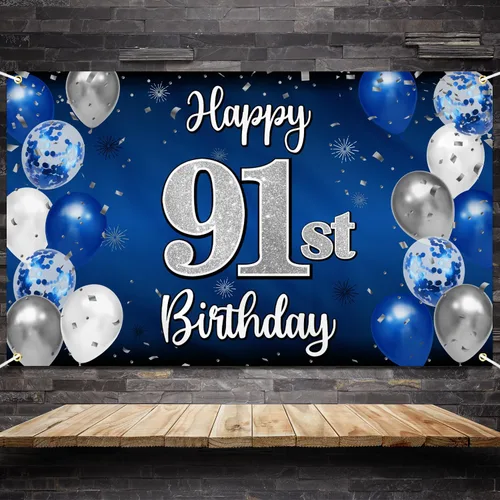 Miniatura 304 de Decoración de feliz cumpleaños 35, globo azul y plateado de 35 años, cartel grande de telón de fondo de cumpleaños, suministros para fiesta de 35th