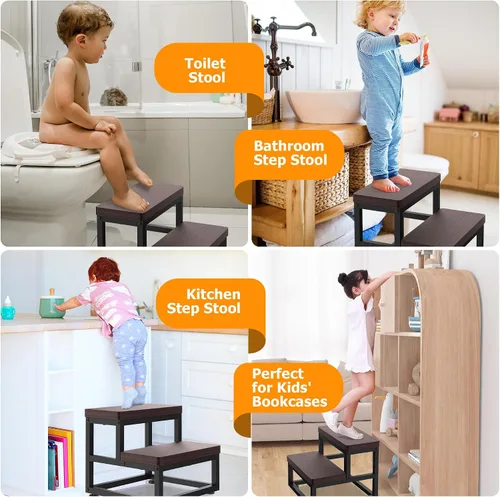 Miniatura 6 de Taburetes de Paso para Adultos y Niños, Taburete de Paso de Servicio Pesado de Madera para Camas Altas, Taburete de Pie Antideslizante de 2 Teca