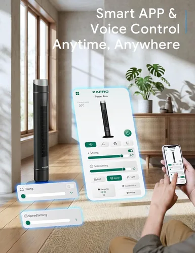 Miniatura 49 de ZAFRO Ventilador de torre inteligente para dormitorio, ventilador de torre oscilante de 120°, 28 pies/s de alta velocidad, 12 velocidades, 4 modos